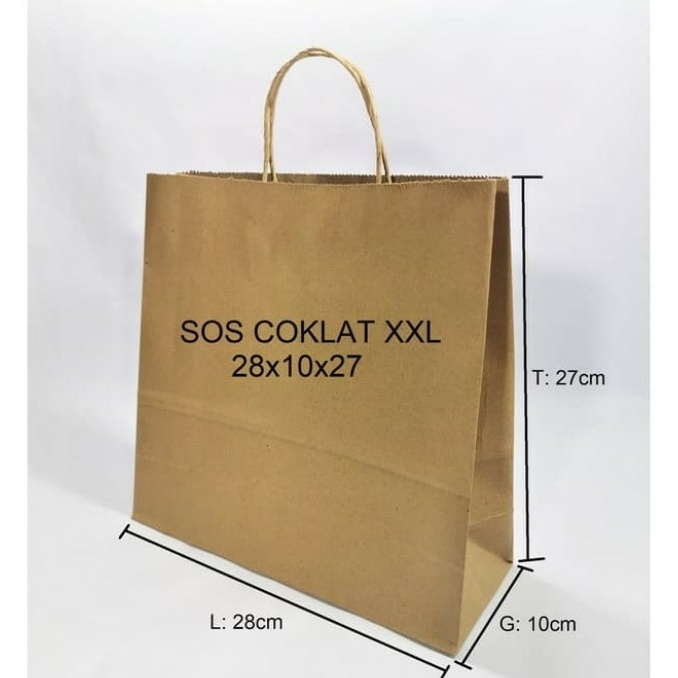 

Paperbag SOS XXL Kantong Kertas Coklat Uk.28x10x27cm. 125 Gsm+ TALI KERTAS COKLAT ( isi :10pcs)