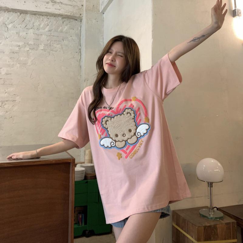 [littlecrab] Kaos Oversize Beruang Bulu Bersayap Corecvry Love Sablon Timbul We Love The Earth T-shirt Couple Unisex Lembut Berkualitas Motif Wings Bear With Love Unik Simple Korean Style