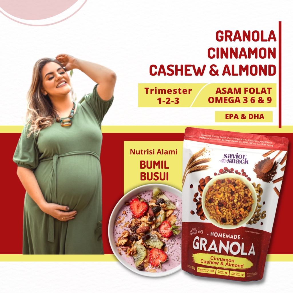 

MAKANAN SEHAT IBU HAMIL GRANOLA CINNAMON CASHEW ALMOND ASAM FOLAT OMEGA 3-6-9 CEMILAN IBU MENYUSUI EPA & DHA PELANCAR-PENAMBAH ASI BOOSTER SUPLEMEN VITAMIN ALAMI BUMIL TRIMESTER 1-2-3 & BUSUI AMAN UNTUK JANIN BEBAS GULA-BAHAN-Rolled-Oat-Kacang-Mede-Almond