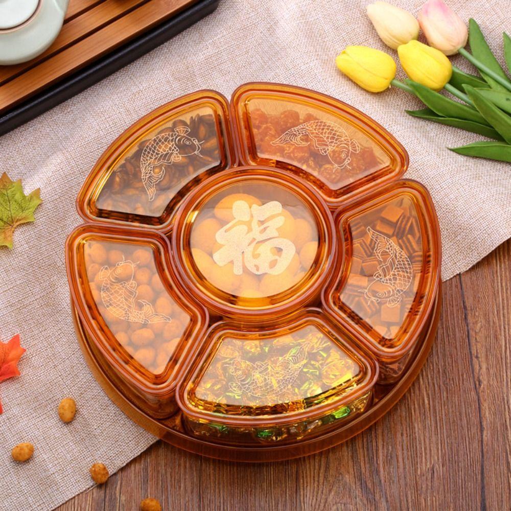 【 ELEGANT 】 Kotak Buah Kering Piknik Chinese New Year Organizer Plate Portable Dengan Tutup Rotating Food Saving Bins