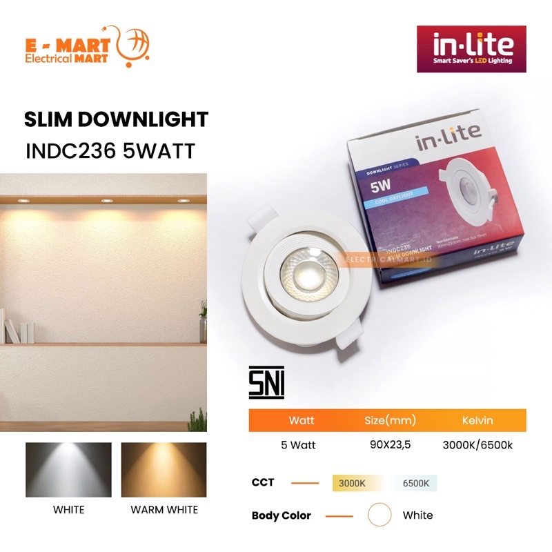 INLITE SLIM DOWNLIGHT 3” 5Watt PUTIH/KUNING INDC236