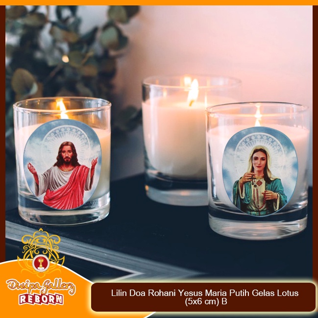 Lilin Ibadah Doa Rohani Gelas Yesus &amp; Maria Putih Stearin Wax 2 pcs