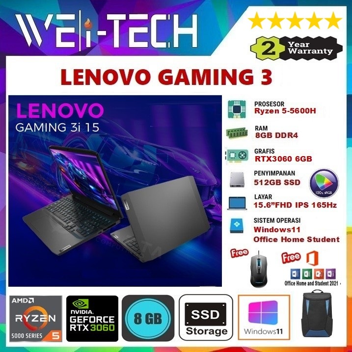 LENOVO IDEAPAD GAMING 3 - RYZEN 5-5600H 8GB 512GB SSD RTX3060 6GB 15.6"FHD IPS 165Hz WIN11 OHS