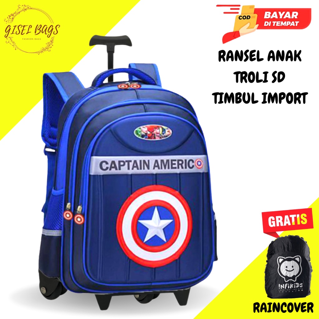 GB-tas ransel troli anak laki laki SD import tas ransel troli anak karakter superhero tas ransel troli timbul