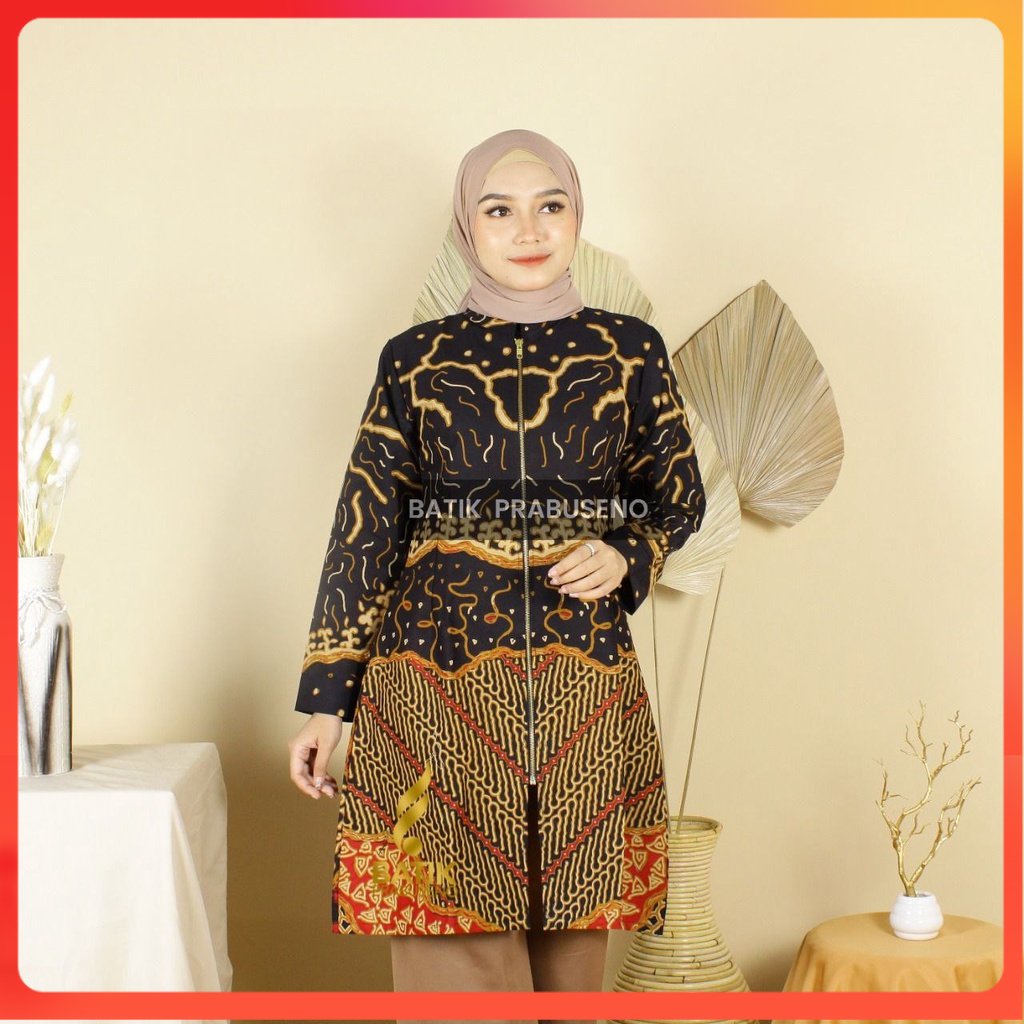 LANJAR HITAM Tunik Atasan Baju Batik Wanita Lengan Panjang Original Prabuseno Modern Premium Jumbo B