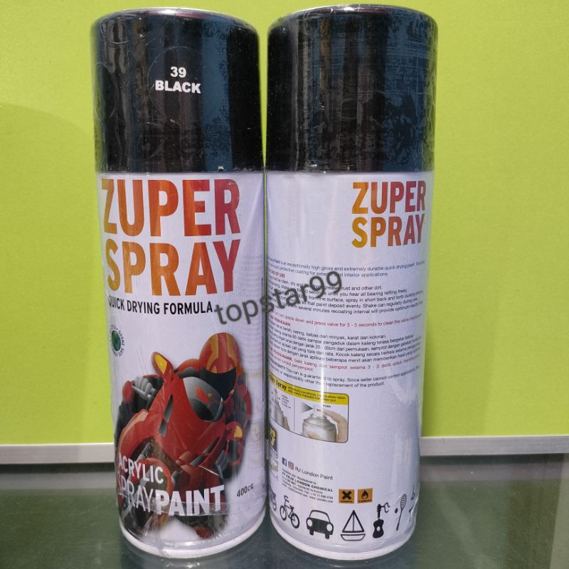 ZUPER Spray Paint Pilox Pilok Zuper Black Hitam Glossy 39 400cc Cat Semprot Zuper Acrylic Ukuran Besar 400 cc Quick Drying Formula /Cepat Kering