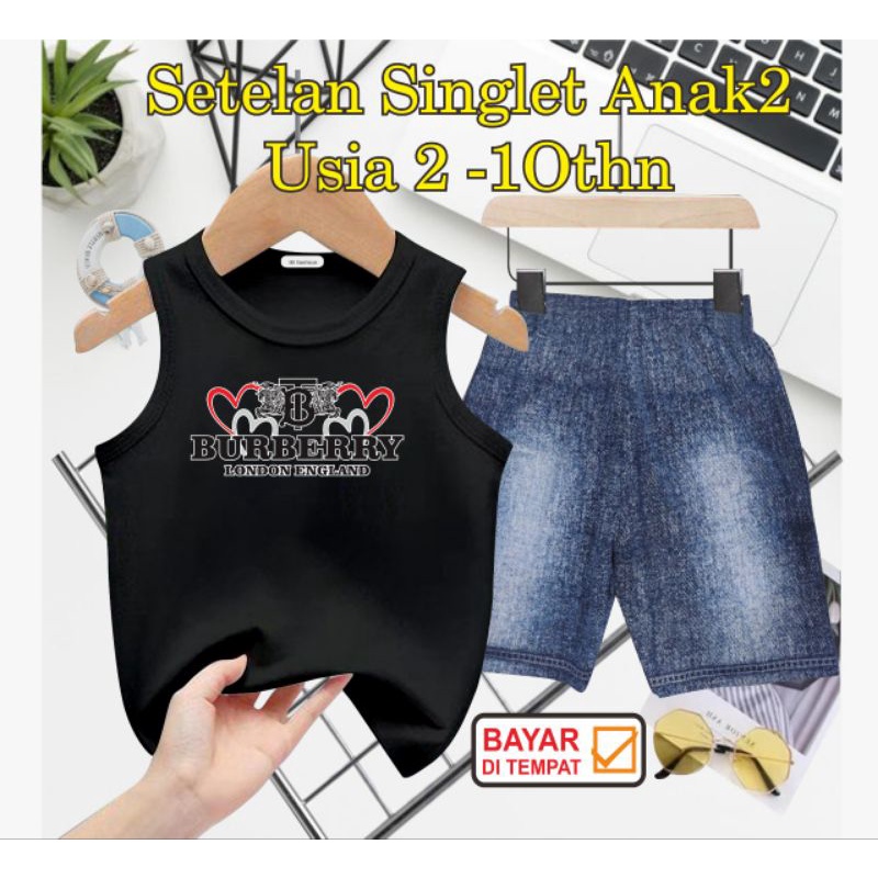 ((IB))SETELAN SINGLET ANAK SEMI JEANS/BUR83RY DIGITAL SABLON