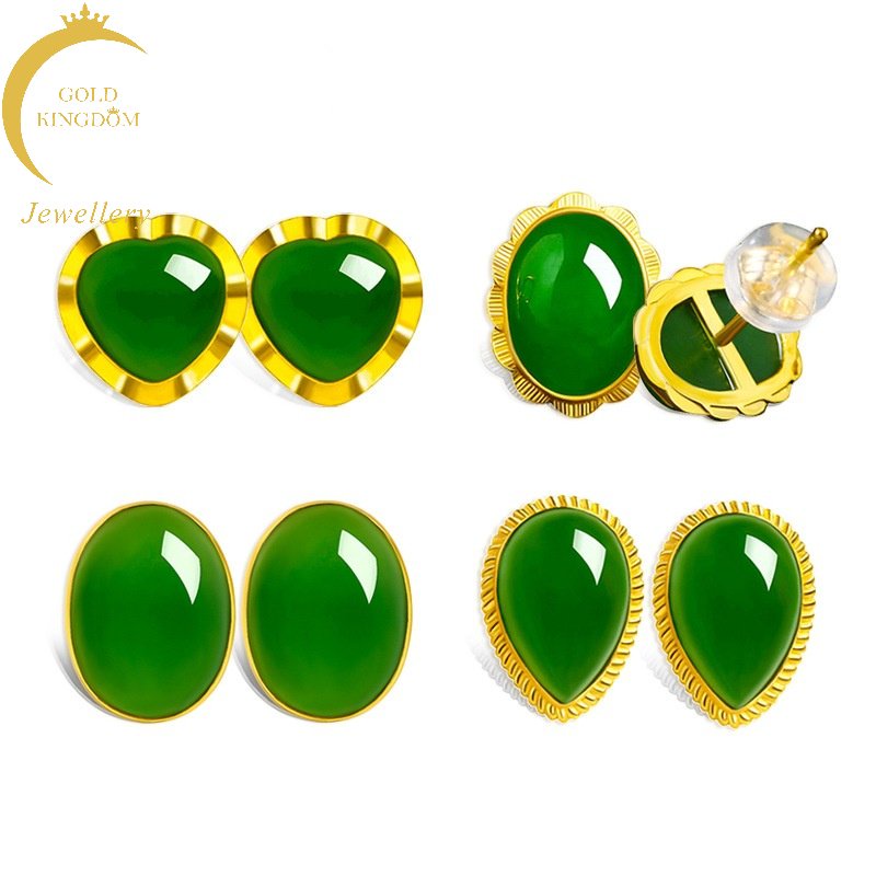 Goldkingdom Perhiasan Fashion 24K Bangkok Aksesoris Ready Stock999-Anting Jasper Lapis Emas Asli Kadar 375 Wanita Wada Giok Putih Gold Agate Bertatahkan Anting Giok