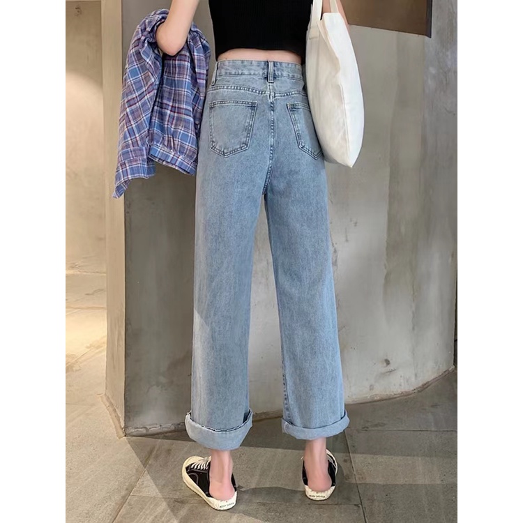 Mode Lurus Tinggi Perempuan Korea Pinggang longgar lebar Leg Jeans