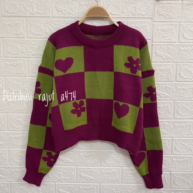 ELSA SWEATER RAJUT CROP MOTIF LOVE BUNGA KOTAK KOTAK LENGAN PANJANG