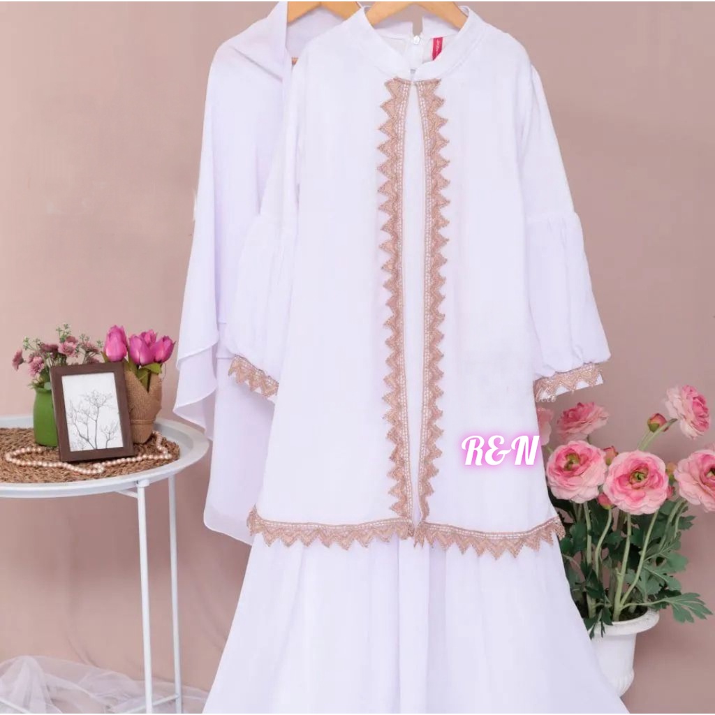 setelan gamis putih anak perempuan/gamis putih anak perempuan premium/gamis manasik anak perempuan/g