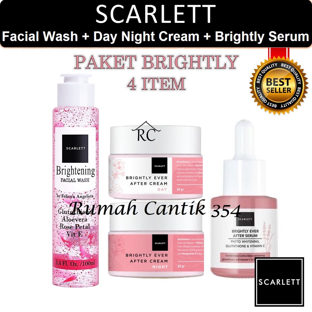 Paket Komplit 4 Item Scarlett Whitening Day Night Cream + Facial Wash + Brightly Ever After Serum Rumah Cantik 354 Paket Perawatan Mencerahkan Wajah