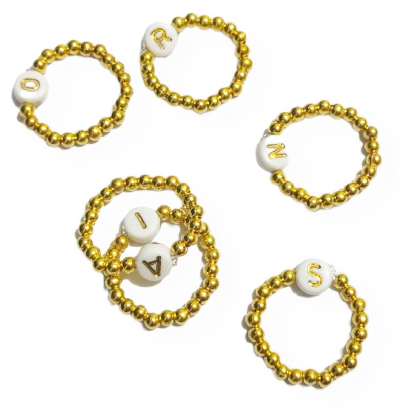 Cincin Inisial Golden Metalic Beads Initial Ring Elastic Huruf Alphabet Custom Gold Series