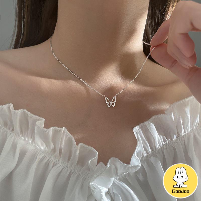 Kalung Rantai Klavikula Desain Kupu-Kupu Hollow Hias Necklace Berlian Gaya Korea Untuk Aksesoris Wanita -Doo