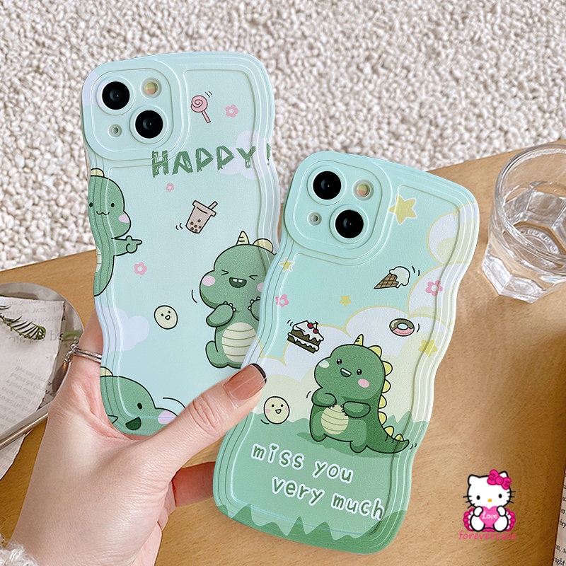 Casing Realme C53 C35 C21Y C25Y C15 C11 2020 C25s C12 C25 C20 C11 2021 C3 6i 5i C20A 5 5s C1 Wavy Edge Happy Milk Tea Cake Donat Kartun Dinosaurus Kecil Lucu Lembut TPU Cover