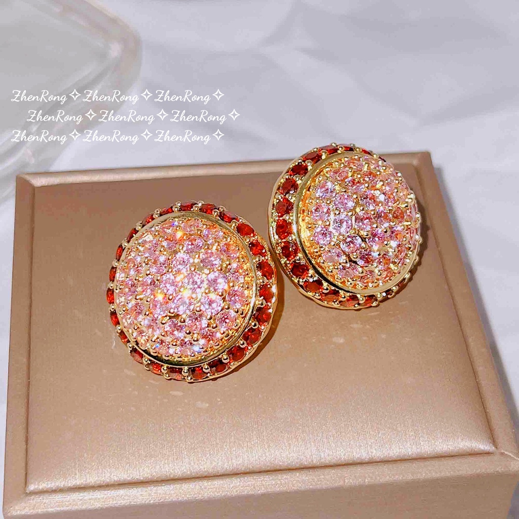 Goldkingdom Perhiasan Fashion Emas Asli Kadar 375 Bangkok Aksesoris Ready Stock Vintage Gaya Istana Prancis Berlian Merah Muda Terang Putaran Hemisphere Berlebihan Anting Pejantan Besar