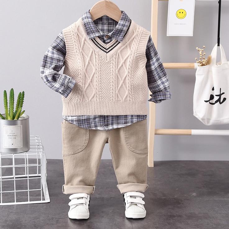 Berkualitas  ST24 SETELAN BAYI LAKI-LAKI / SETELAN ANAK SET 3PCS Vest + Kemeja + Celana Set Boy / BA