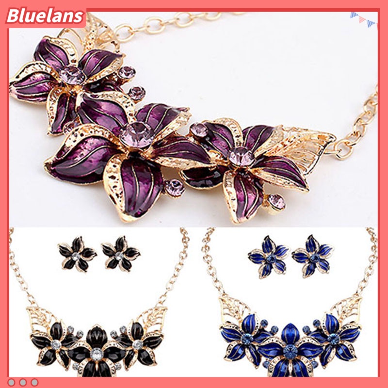Bluelans Fashion Women Rhinestone Flower Statement Pendant Necklace Earrings Jewelry Set
