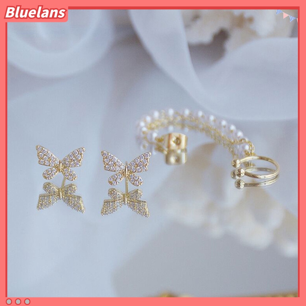 2pcs / Set Anting Stud Bentuk Kupu-Kupu Aksen Berlian Imitasi Untuk Wanita