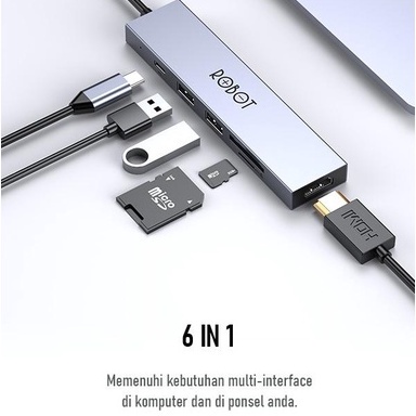 (VROFFSTORE) ROBOT HT260 Multiport USB-C HUB 6in1 Type-C USB HUB Card Reader HDMI Adapter Space grey - Garansi Resmi 1 Tahun