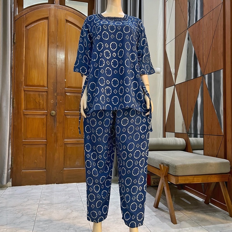 NTSY/ Piyama Batik Cap Solo Asli One Set Lengan 3/4 CP Rombe Celana Panjang Setelan Baju Tidur Kerah