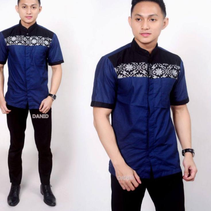 ZMK.18Oc22o • Baju Koko Pria Dewasa Lengan Pendek Model Gempi Silver Kombinasi Batik Warna Abu Marun