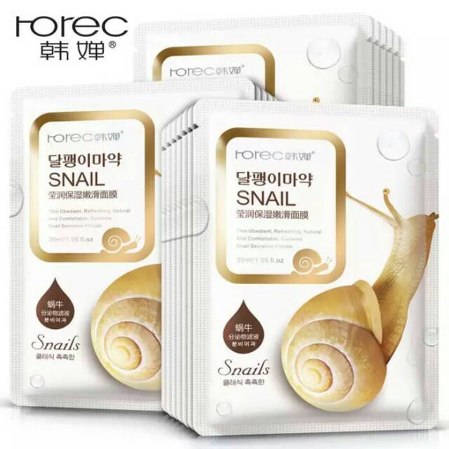 ROREC Snail Moisturizing Facial Mask Rumah Cantik 354 Sheet Mask Yang Dapat Mencerahkan Melembutkan Dan Menghaluskan Kulit Wajah