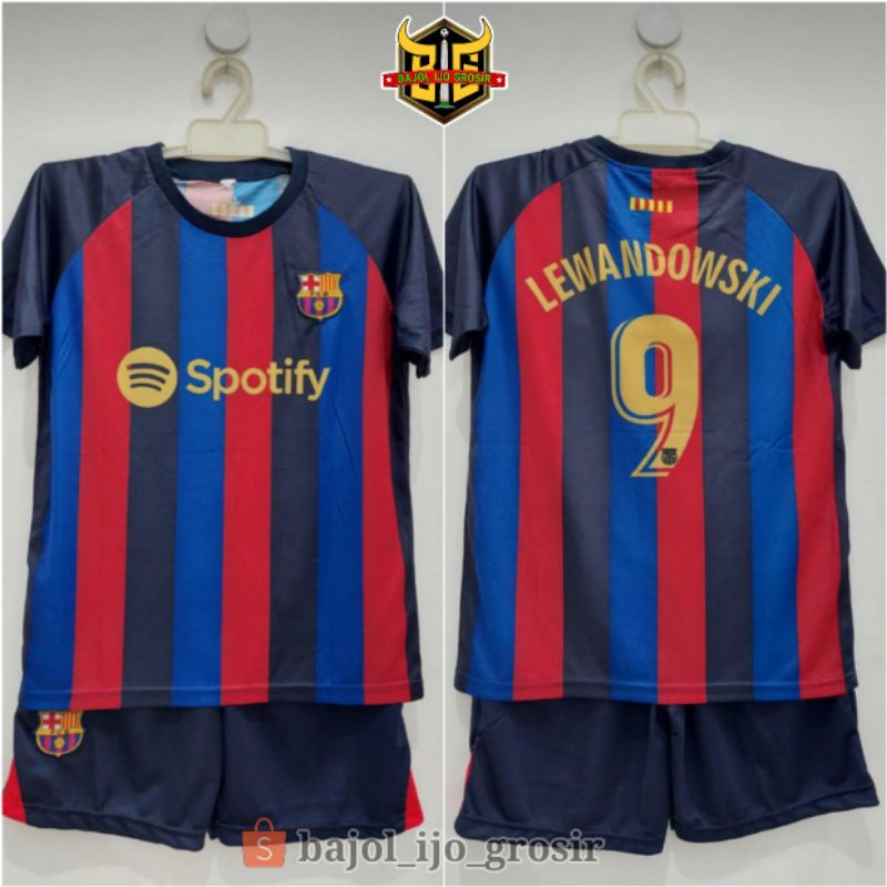 Setelan Kids BARCELONA FC Home 2022 - 2023 LEWANDOWSKI 9 Jersey Celana Anak Printing BARCA