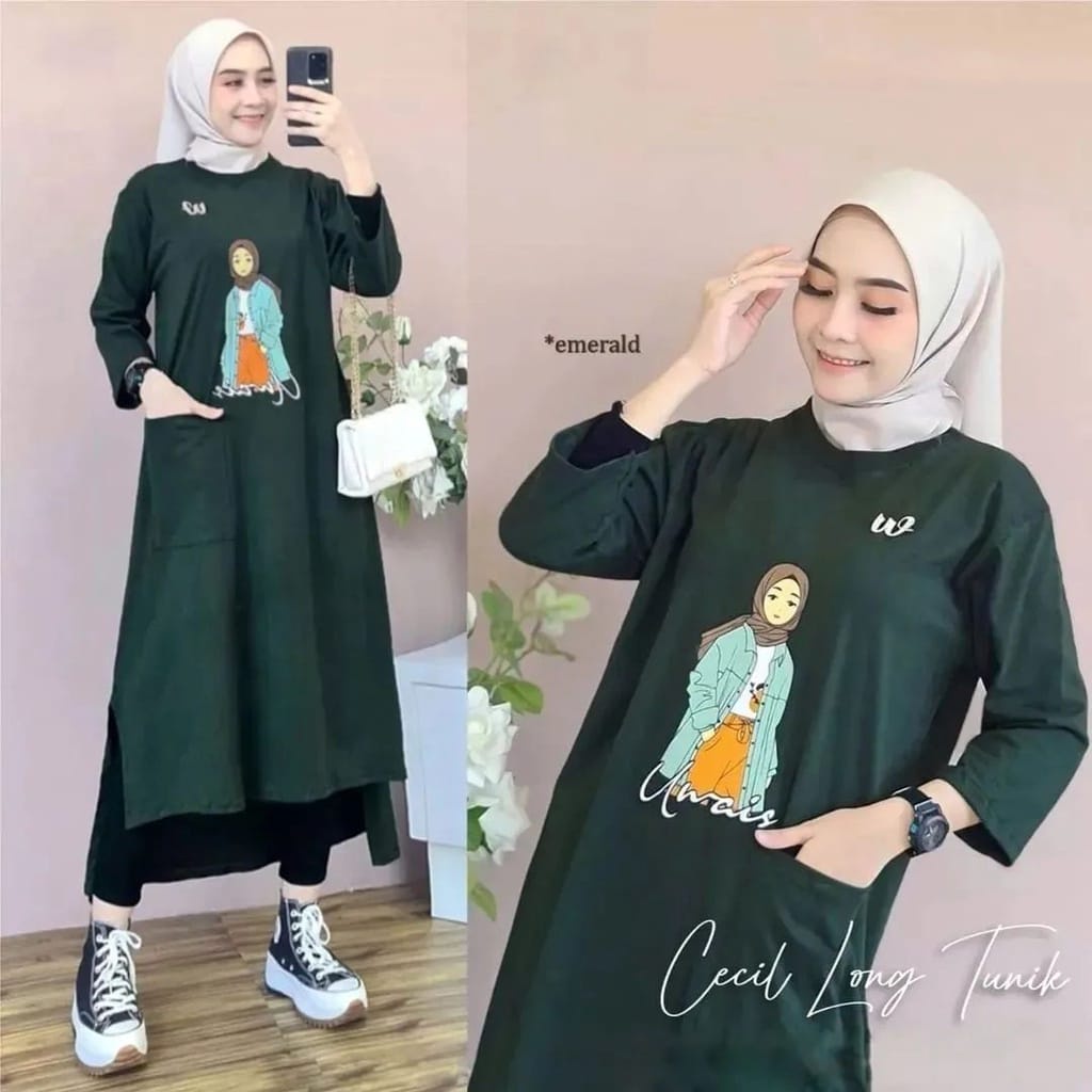 CECIL LONG TUNIK BO BAHAN COMBED UKURAN M L XL XXL LD 100 - 120 CM PANJANG BAJU 102 -118 CM LONG TUN