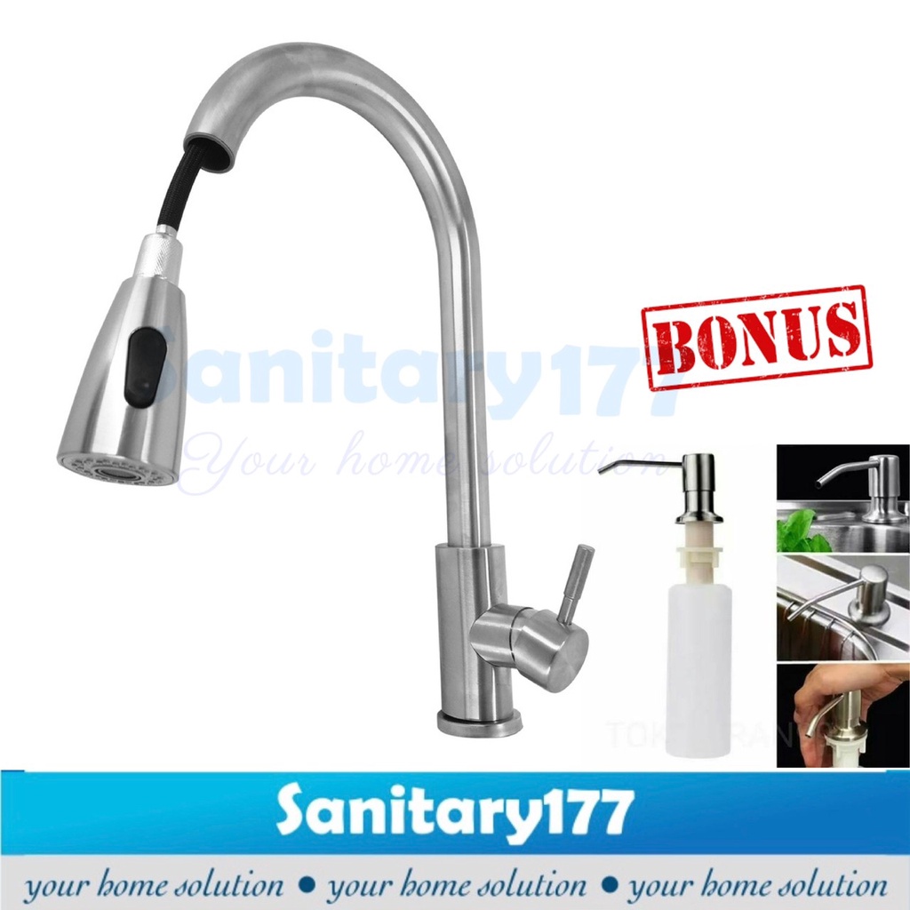 Kran sink Tarik stainless 304 Meja stik 17ST-Keran air dapur stenlis wastafel washtafel bak cuci piring kitchen bonus tempat sabun cair tanam panas dingin mixer hot cold stenlis murah