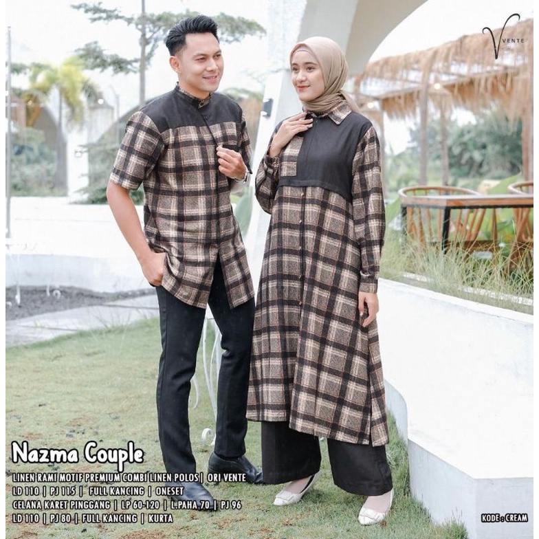 NAZMA COUPLE // STELAN PRIA WANITA // MOTIF KOTAK KOTAK // LINEN MOTIF PREMIUM LD 110 // LONG TUNIK 