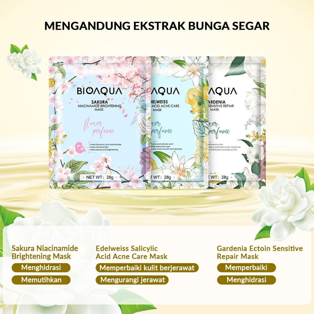 BIOAQUA Sheet Mask Masker Wajah Flowers Series (28g/pcs) Hydrating Essence Face Mask Brightening dan Anti Acne