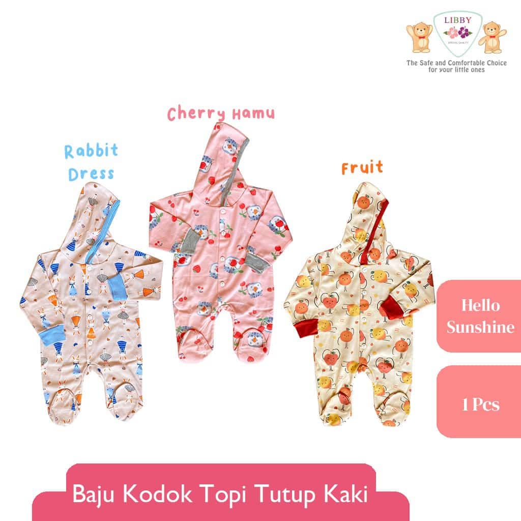 LIBBY - Baju Kodok Panjang -Tutup Kaki Pakai Topi - Motif Hello Sunshine