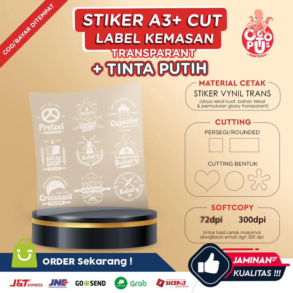 

CETAK STIKER LABEL VYNIL TRANSPARAN A3+ (TINTA PUTIH ) CUT / CETAK LABEL KEMASAN MAKANAN