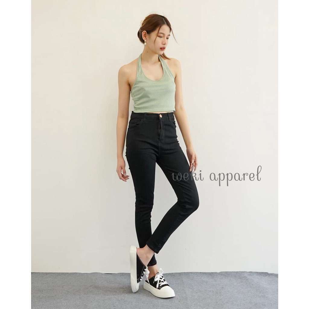 WEKI Celana Jeans Highwaist Skinny  Black /Ada kantong depan