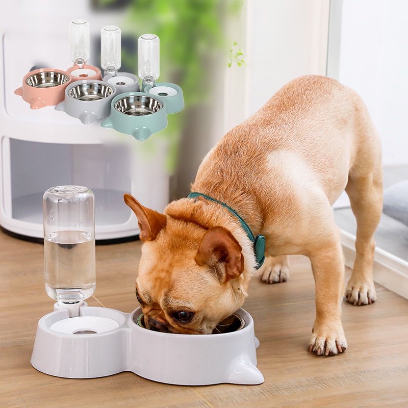 Hugopet Tempat Makan Minum Kucing Anjing Tempat Makan Hewan Otomatis 2 in 1 mangkuk Stainless Steel Auto Water Feeder Dispenser  Pet Feeder Plate