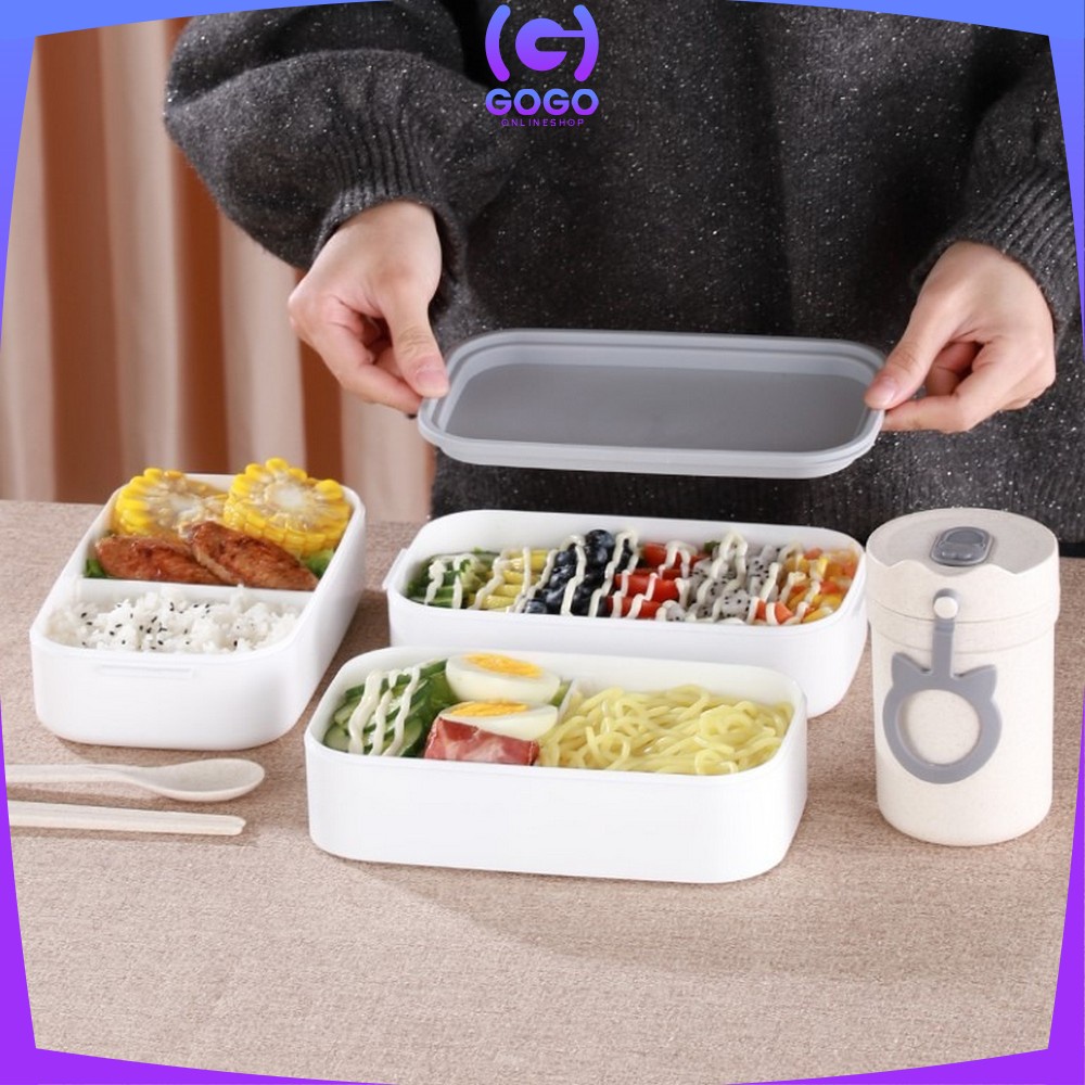 GOGO-C376 Lunch Box Double Layer Kotak Makan 2 Tingkat Kotak Bekal / Bento Box 4 Sekat / Rantang Susun 2 / Tempat Makanan Susun