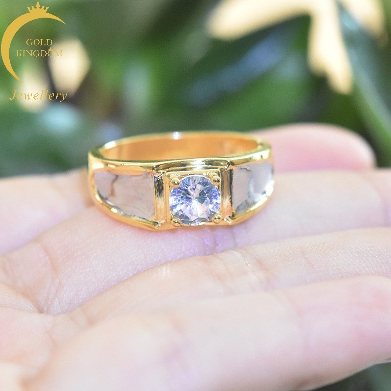 Goldkingdom Perhiasan Fashion Emas Asli Kadar 375 Bangkok Aksesoris Ready Stock Berlapis Emas Mosson Berlian Two-tone Cincin Sederhana Zirkon Sejati Cincin Pertunangan Laki-Laki
