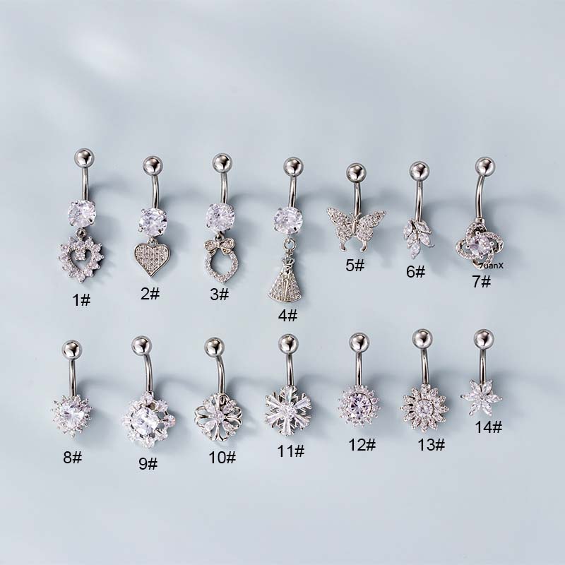 1pc Anting Tindik Pusar Bahan Stainless Steel Desain Kupukupuhati Hias Zircon 14Gauge Untuk Wanita