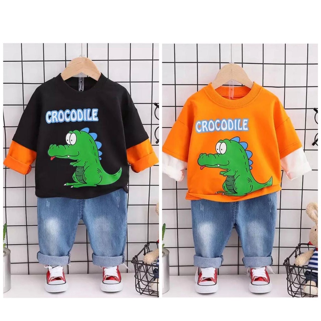 (BAYAR DITEMPAT) SETELAN BAJU PANJANG ANAK MOTIF CROCODILE DENIM FASHION BAJU IMPOR ANAK LAKI-LAKI DAN ANAK PEREMPUAN UMUR 6-10BLN 1-5THN BAHAN BAJU KATUN LENGAN PANJANG CELANA DENIM PANJANG / OOTD PAKAIAN ANAK DITAHUN 2022 KEREN DAN BAGUS SEKALI DIPAKAI