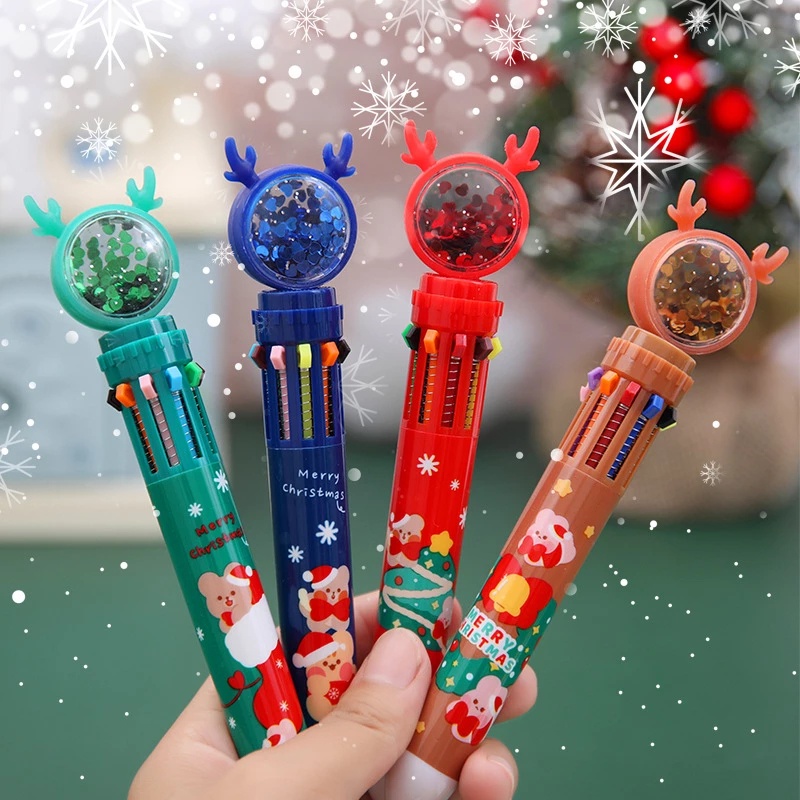 Pulpen 7 Warna Motif Kartun Santa Claus / Rusa / Rusa Aksen Payet Multifungsi Untuk Perlengkapan Kantor