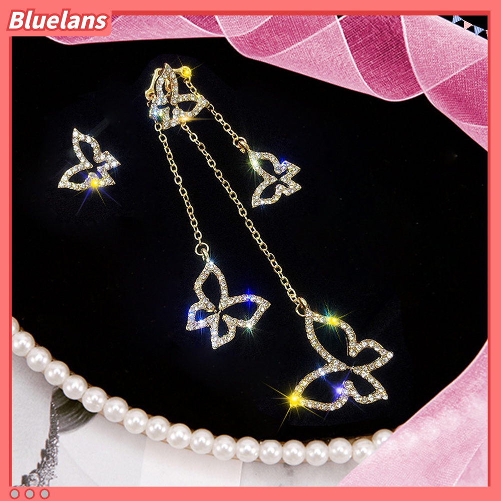 Anting Rantai Panjang Bentuk Kupu-Kupu Dan Hati Aksen Berlian Imitasi Untuk Wanita