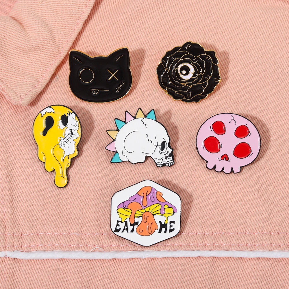 Bros Pin Enamel Bentuk Jamur Tengkorak Kucing Gaya Punk Gothic Untuk Hadiah Halloween
