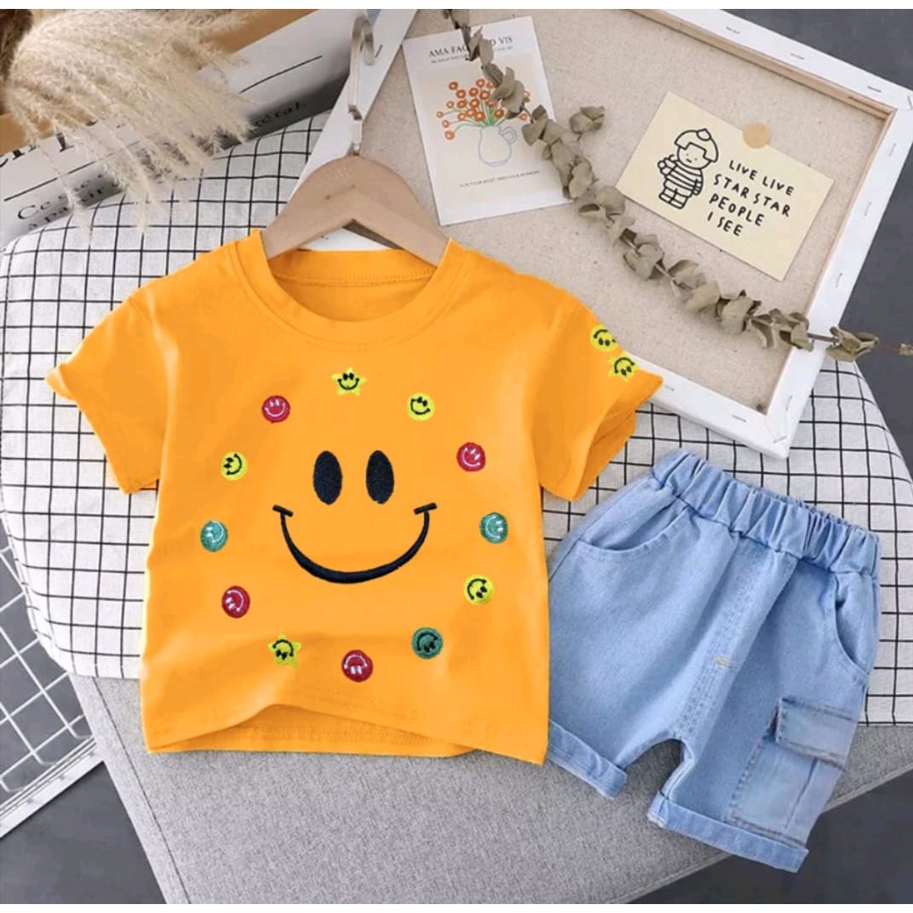 JEANS SET | SETELAN BAJU ANAK LAKI-LAKI DAN ANAK PEREMPUAN MUSIM PANAS UMUR 1-5 TAHUN SETELAN BAJU ANAK CELANA PENDEK DENIM SMILE TERBARU