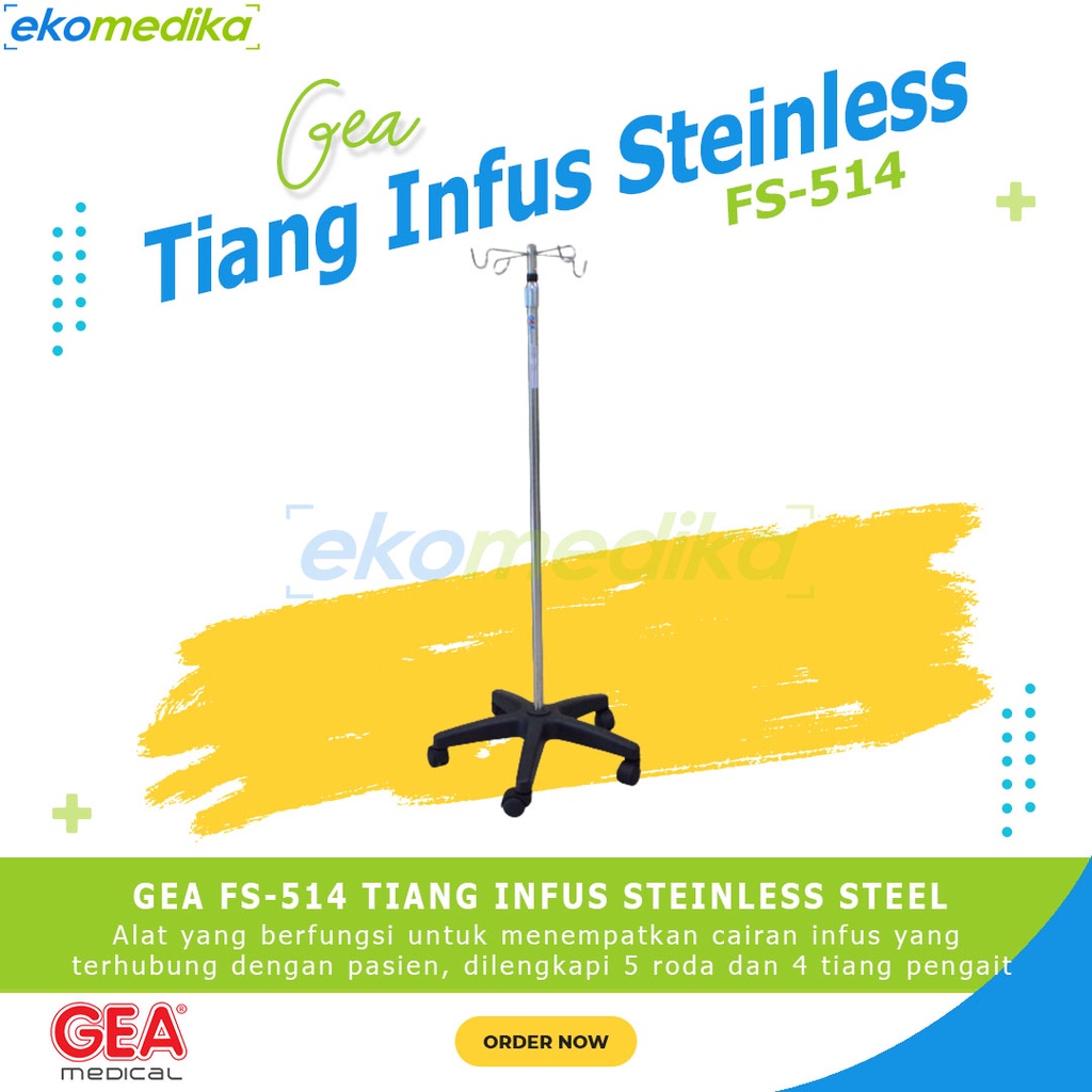Tiang Infus Kaki 5 GEA FS 514 Tiang Infus Rumah Sakit / Klinik / Standar Tiang Infus SS Roda Kaki 5 