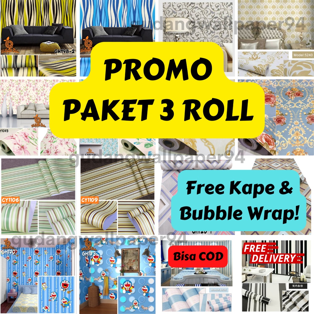 Paket 3 Roll Wallpaper Dinding / Bahan PVC Anti Air / Walpaper Stiker Dinding Kamar Tidur