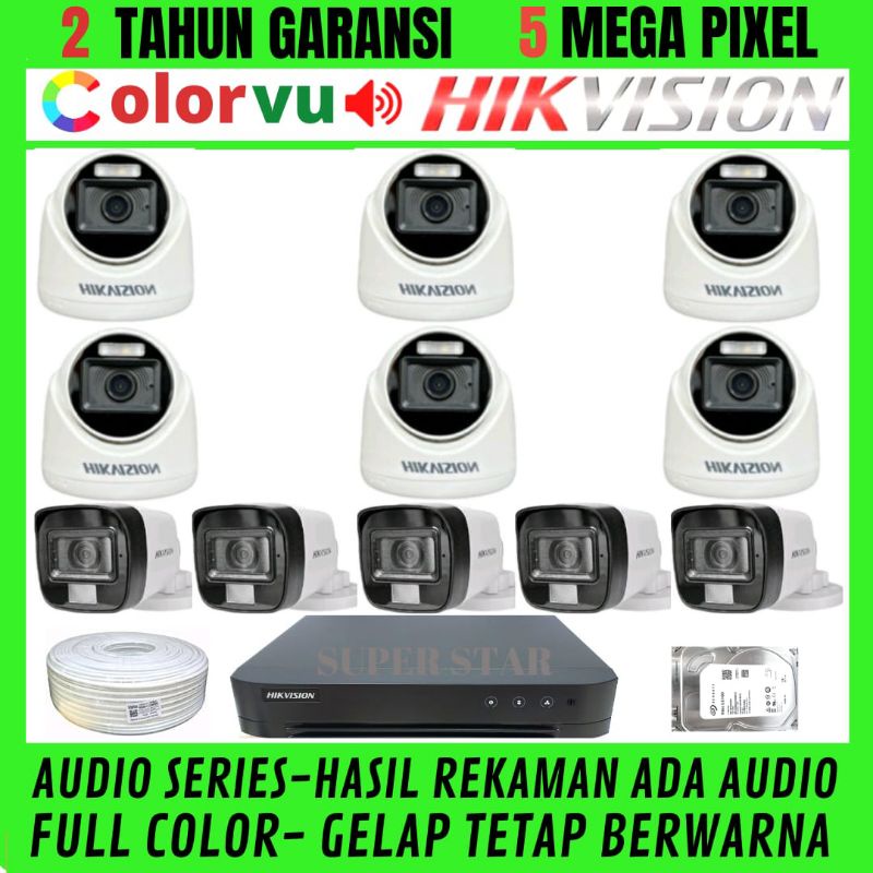 PAKET CCTV HIKVISION FULL COLOR 16 CHANNEL 11 KAMERA 5MP AUDIO COLORVU SIANG MALAM BERWARNA