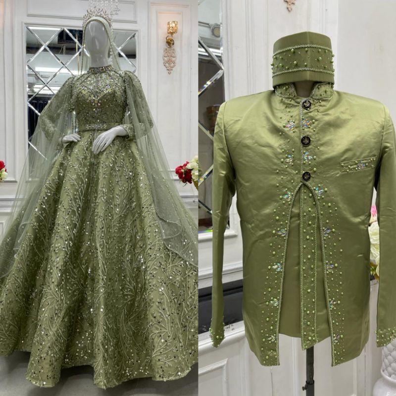 COUPLE GAUN PENGANTIN DAN JAS PREMIUM MEWAH | GAUN PASANGAN | BAJU PENGANTIN COUPLE MODREN