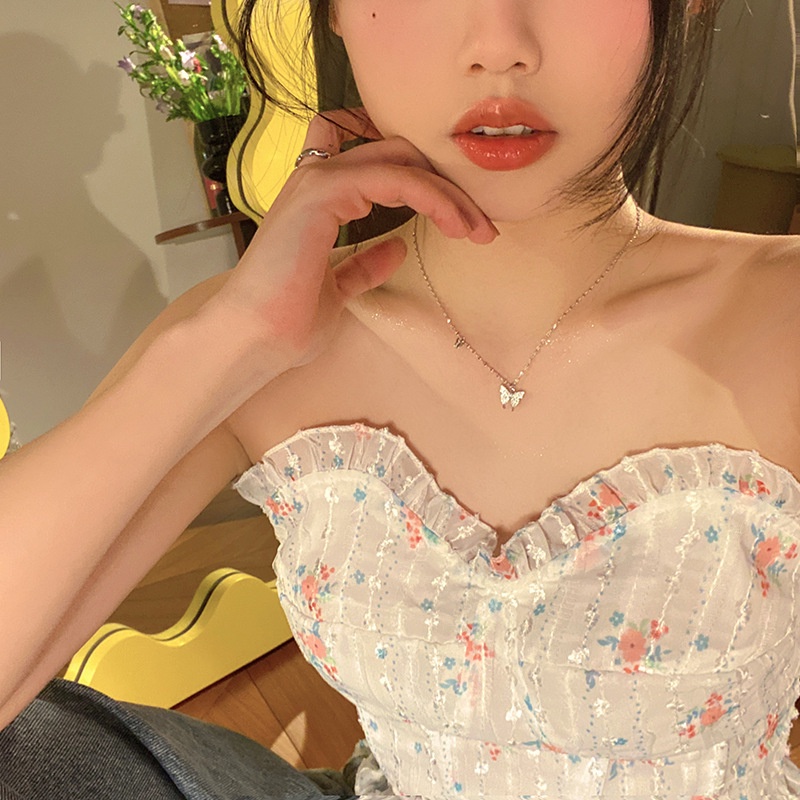 Papaozhu Elegan Berkilau Kristal Ganda Kupu-Kupu Liontin Kalung Untuk Wanita Gadis Lucu Kupu-Kupu Choker Perak Pendek Rantai Kalung Perhiasan