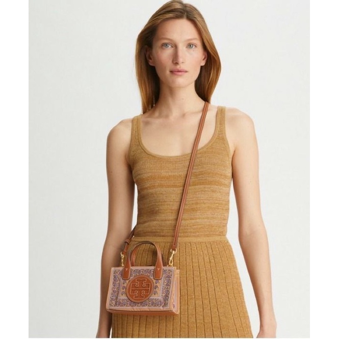 TB ELLA PRINTED MINI TOTE  BROWN FLORAL DAISY BORDER 18x12x6